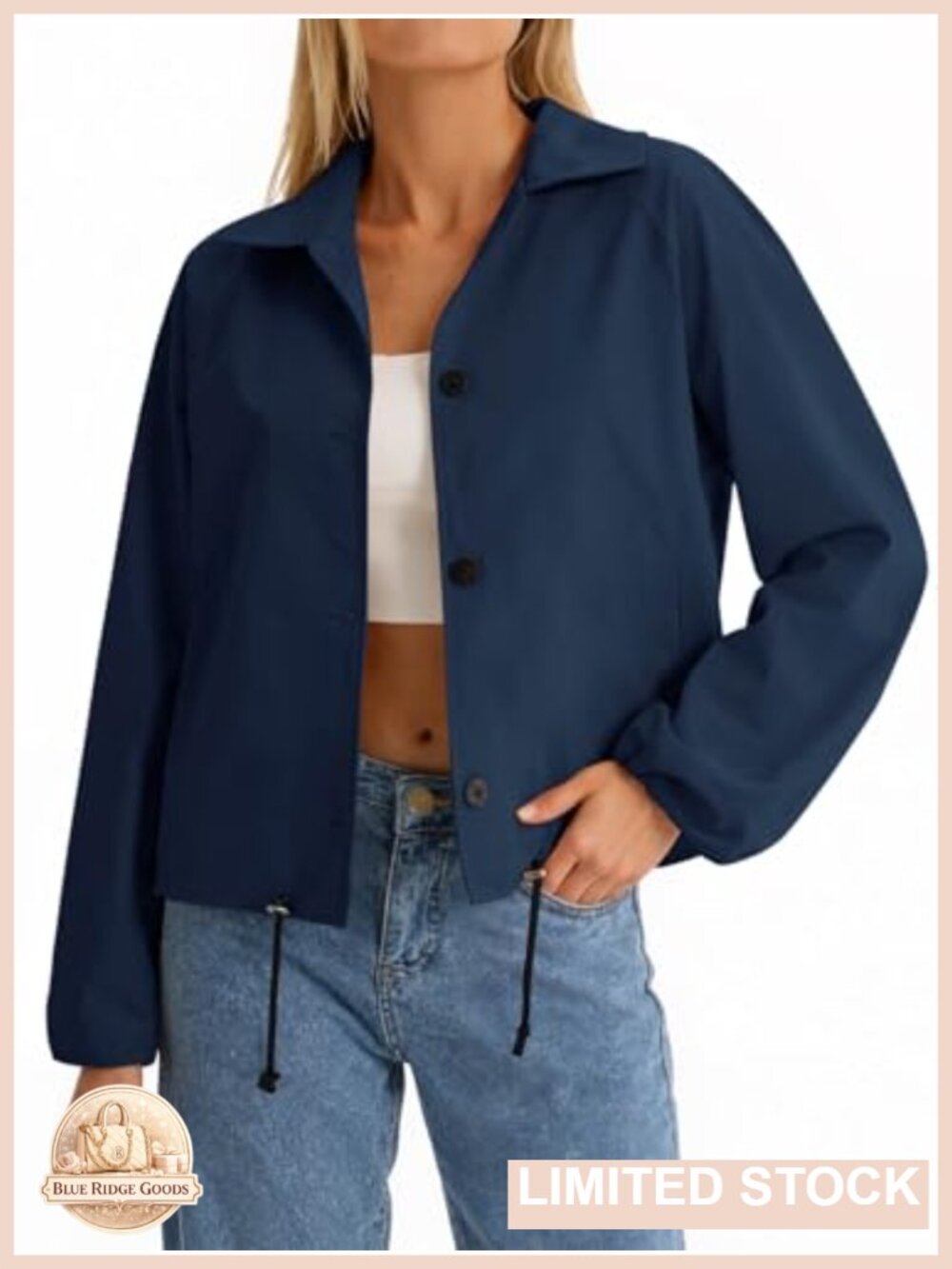 Womens Cropped Bomber Jacket Lightweight Casual Button Down Long Sleeve